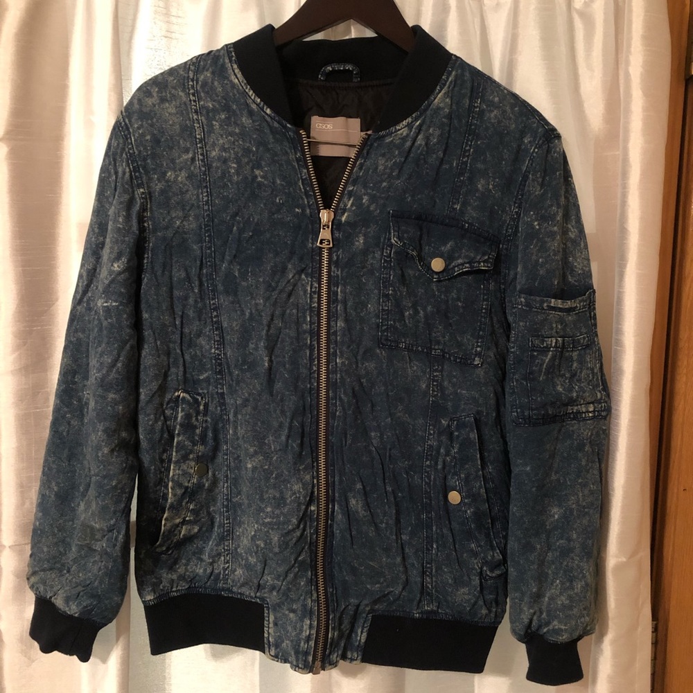 Washed Denim Print Bomber Jacket